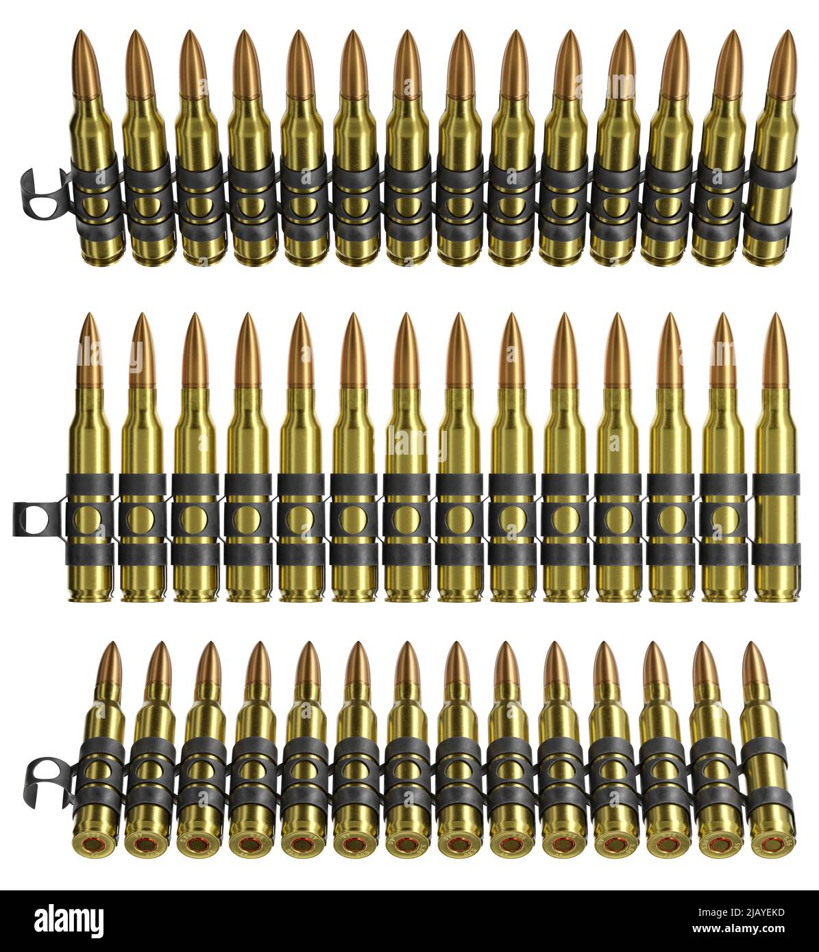 3D Darstellung von isolierten Gewehrmunitionsgürteln auf weißem Hintergrund. NATO-Verleumder. Verschiedene Ansichten Stockfoto