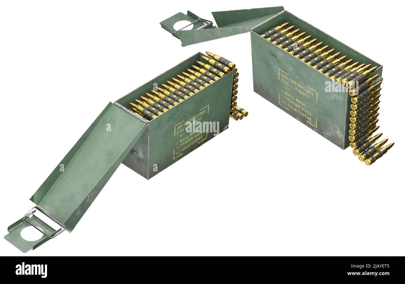 3D Darstellung einer geöffneten, auf Weiß isolierten Gewehrmunition-Kiste. NATO-Verleumder. Perspektivische Ansicht. Stockfoto