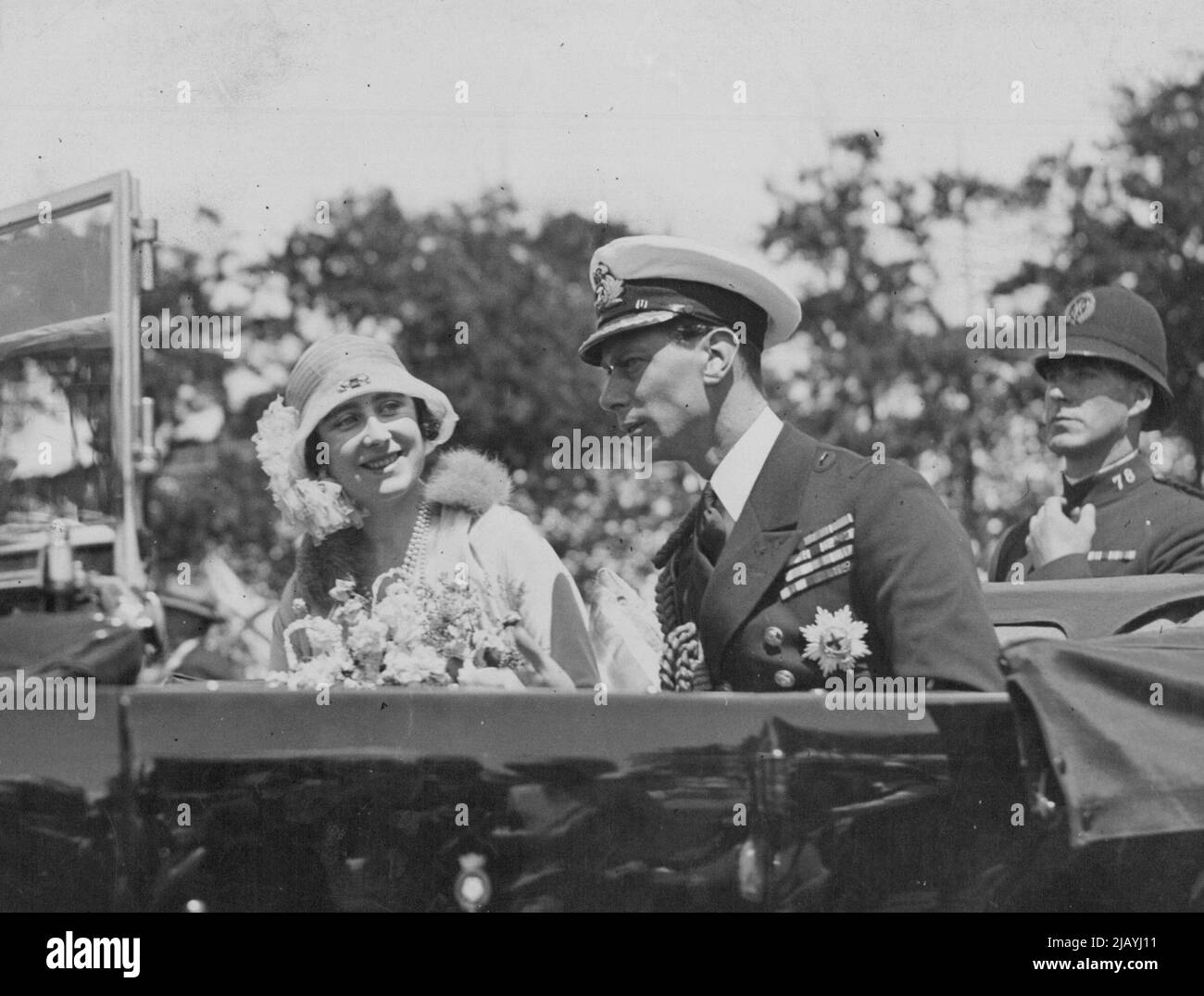 Der Herzog von York kommt bei der Kinderdemonstration, Auckland Domain, 23.. Februar 1927 an. 25. Januar 1952. Stockfoto