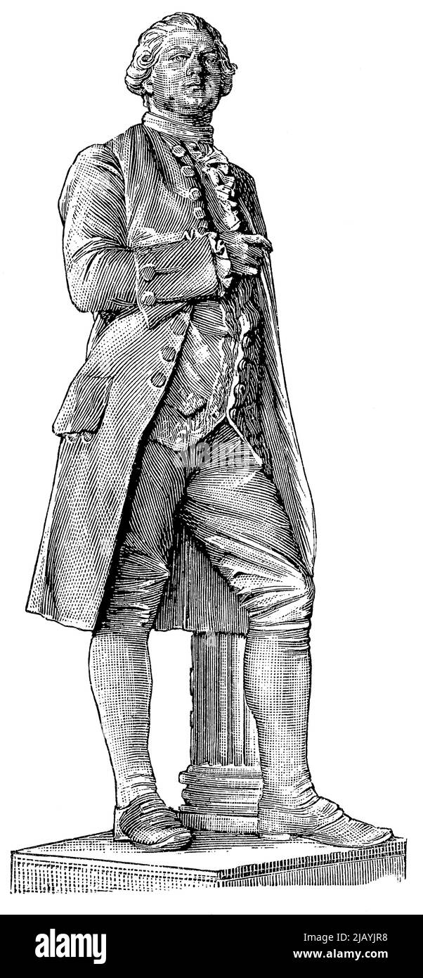 Skulptur von Gotthold Ephraim Lessing in Braunschweig (1853) von einem deutschen Bildhauer Ernst Rietschel. Veröffentlichung des Buches 'Meyers Konversations-Lexikon', Band 2, Leipzig, Deutschland, 1910 Stockfoto