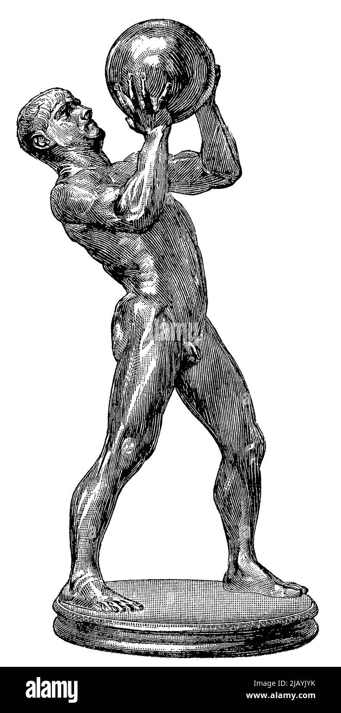 Bronzeskulptur eines Athleten von einem deutschen Bildhauer Franz von Stuck. Veröffentlichung des Buches 'Meyers Konversations-Lexikon', Band 2, Leipzig, Deutschland, 1910 Stockfoto