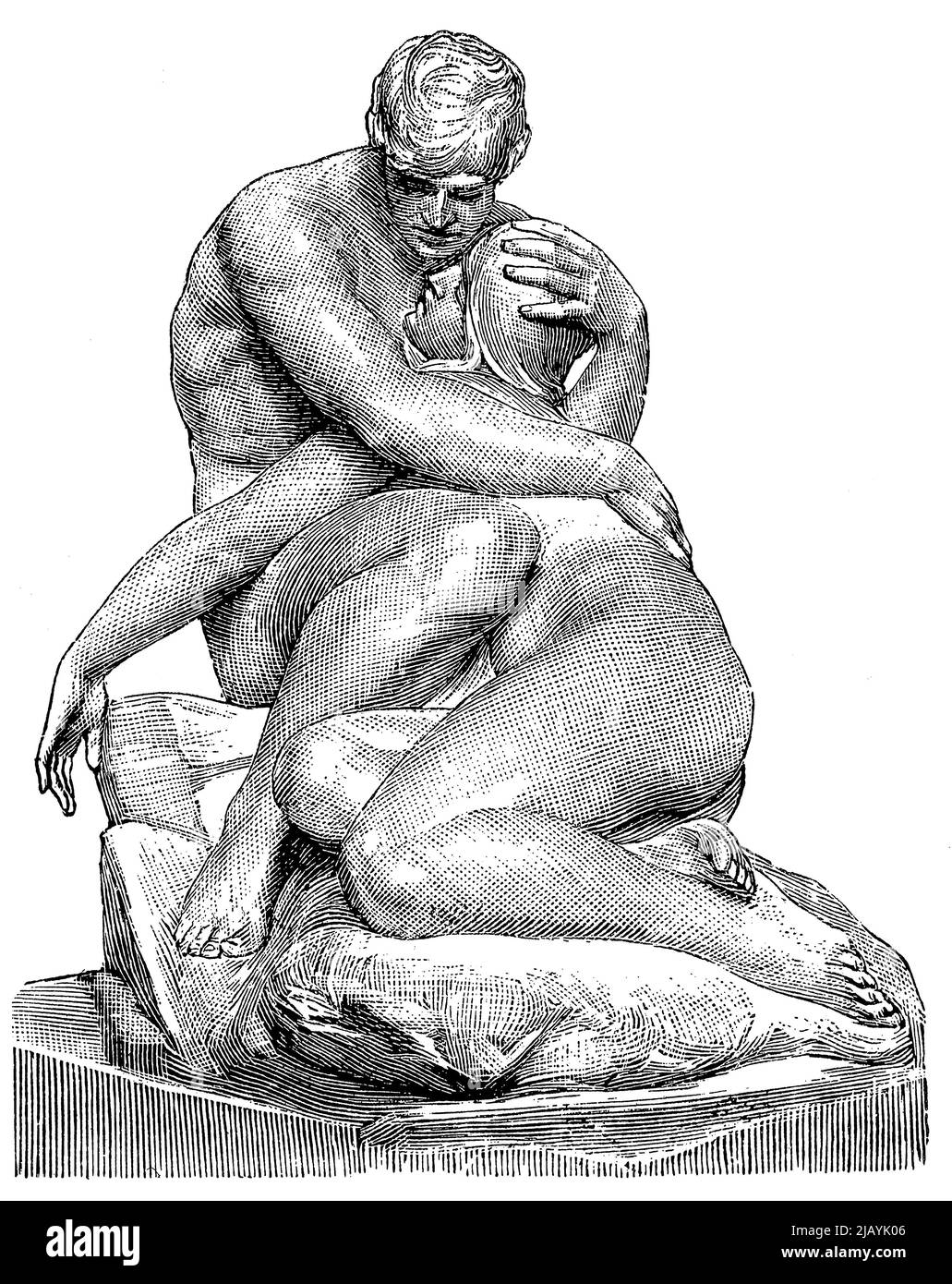 Skulptur von Adam und Eva von einem deutschen Bildhauer Peter Breuer. Veröffentlichung des Buches 'Meyers Konversations-Lexikon', Band 2, Leipzig, Deutschland, 1910 Stockfoto