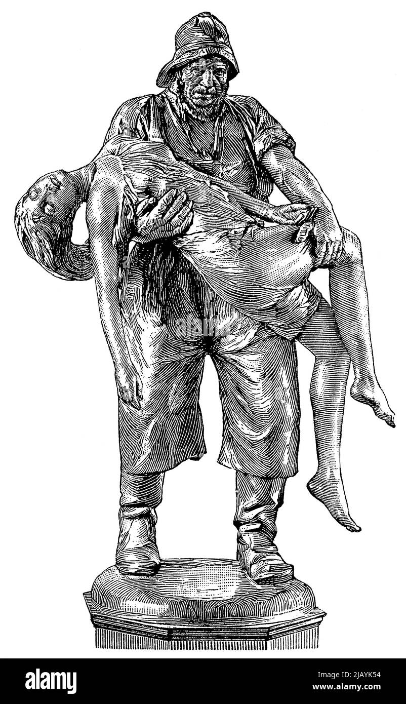 Bronzeskulptur 'gerettet' von einem deutschen Bildhauer Adolf Bruett. Veröffentlichung des Buches 'Meyers Konversations-Lexikon', Band 2, Leipzig, Deutschland, 1910 Stockfoto