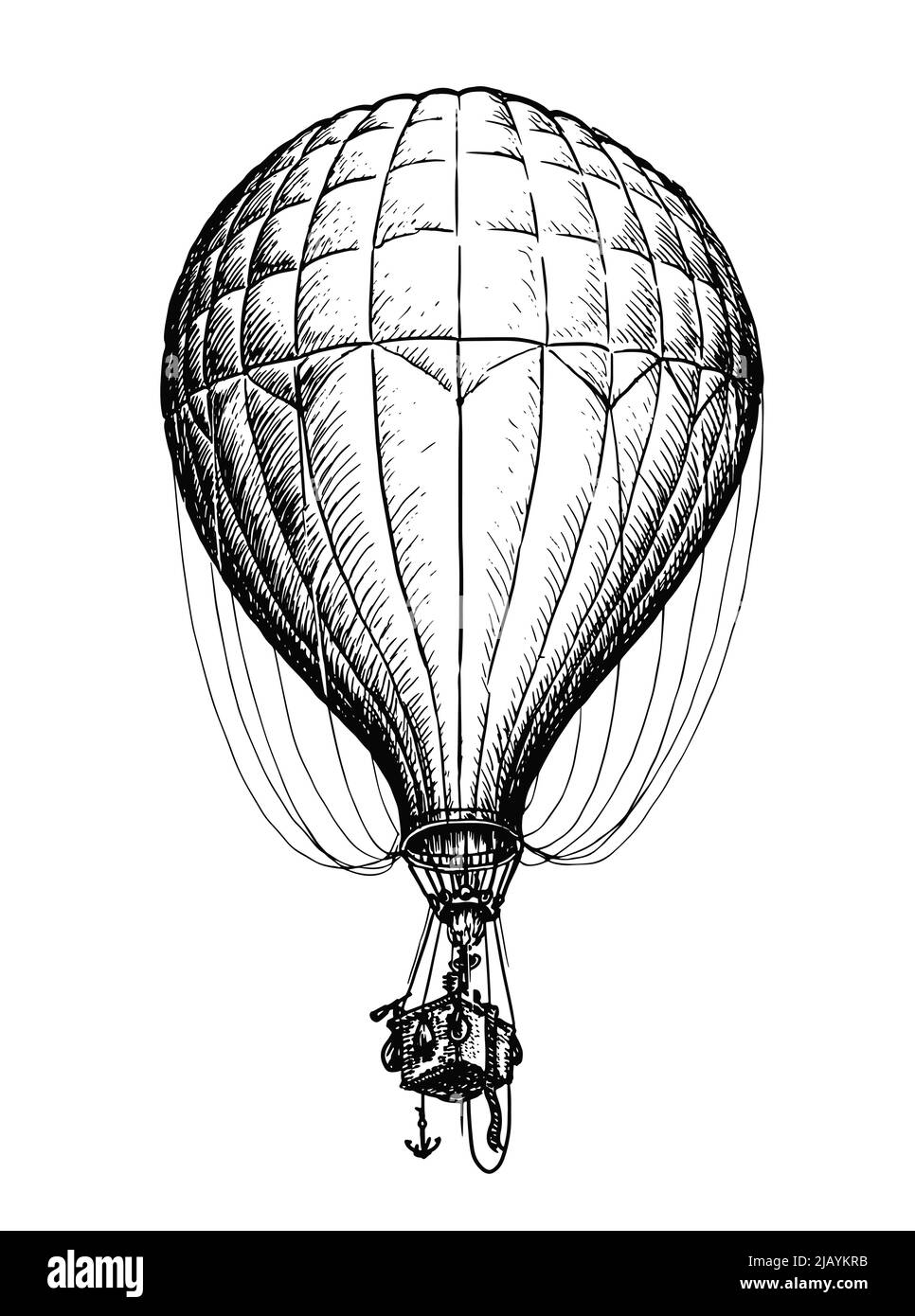Vintage Heißluftballon mit Korb isoliert auf weißem Hintergrund. Reise, Abenteuer, Flug in Himmel Vektorgrafik Stock Vektor