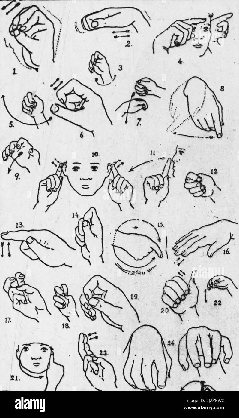 1. Dingo oder Camphund: Die Fingerspitzen zeigen das Pad. 2. Pferd: Die Hand, die zur Anzeige der Form des Hufes gestellt wurde. 3. Die Hand bewegt sich in der pfägenden Bewegung des Pferdes. 4. Rinder: Hörner, die von den ausgestreckten Vorzeigern dargestellt werden. 5. Die Hand stellt die abgebildete Kopf- und Aufwärtsbewegung der Hörner dar. 6. Ratte: Gebeugt Zeigefinger zeigt Schneidezähne und Nibbelbewegung. 7. Der Kopf ist die eine Hand, die in der anderen vom Stock getroffen wird. 8. Stachelschwein: Finger bewegt, um die Grabungsmethode zu zeigen. 9. Alle Finger und Daumen drücken die Dornen aus. 10. Kippt er Ohren in schneller Bewegung, wie es seine Gewohnheit ist. 11. Bandicoot: Darstellung Stockfoto