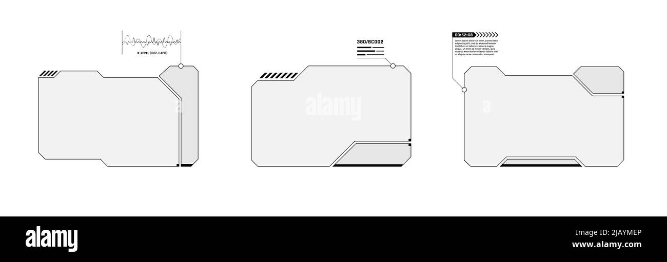 HUD digital futuristische Benutzeroberfläche horizontal Rahmensatz. SCI FI High-Tech-Bildschirme. Gaming-Menü berühren Cyber-Überwachung Dashboard-Panels. Head-up Display-Technologie leeres Menü-Fenster-Konzept. Eps Stock Vektor