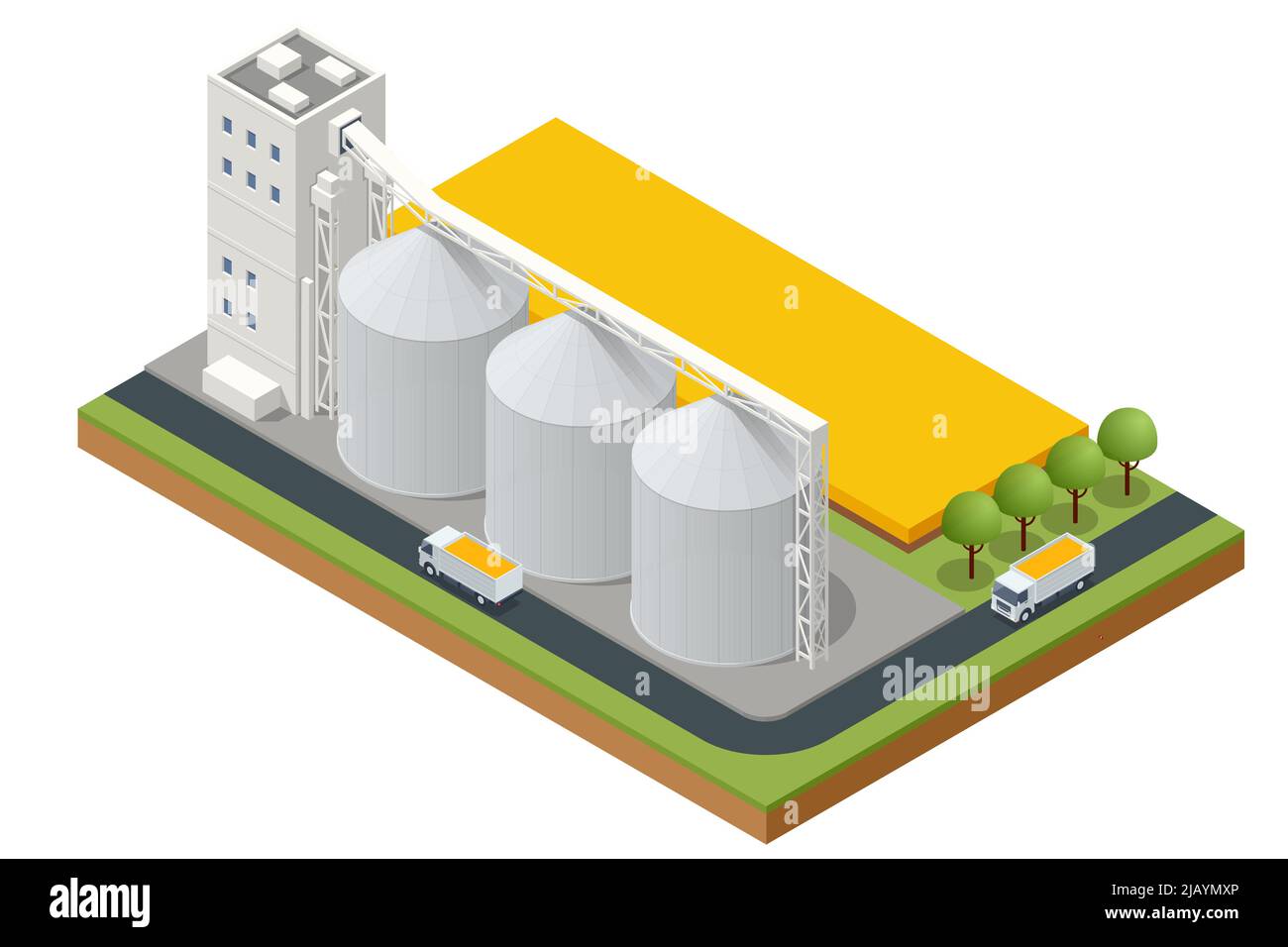 Isometric Grain Elevator Silos. Transport von landwirtschaftlichen Erzeugnissen. Maistrocknersilos, Getreideanschlussanlage im Binnenland. Getreideaufzüge stehen auf einem Feld Stock Vektor
