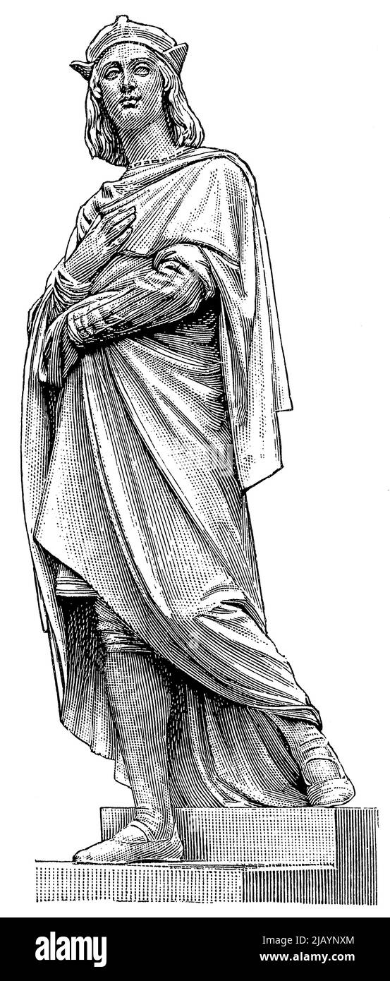 Statue von Raphael von einem deutschen Bildhauer Ernst Julius Haehnel. Veröffentlichung des Buches 'Meyers Konversations-Lexikon', Band 2, Leipzig, Deutschland, 1910 Stockfoto