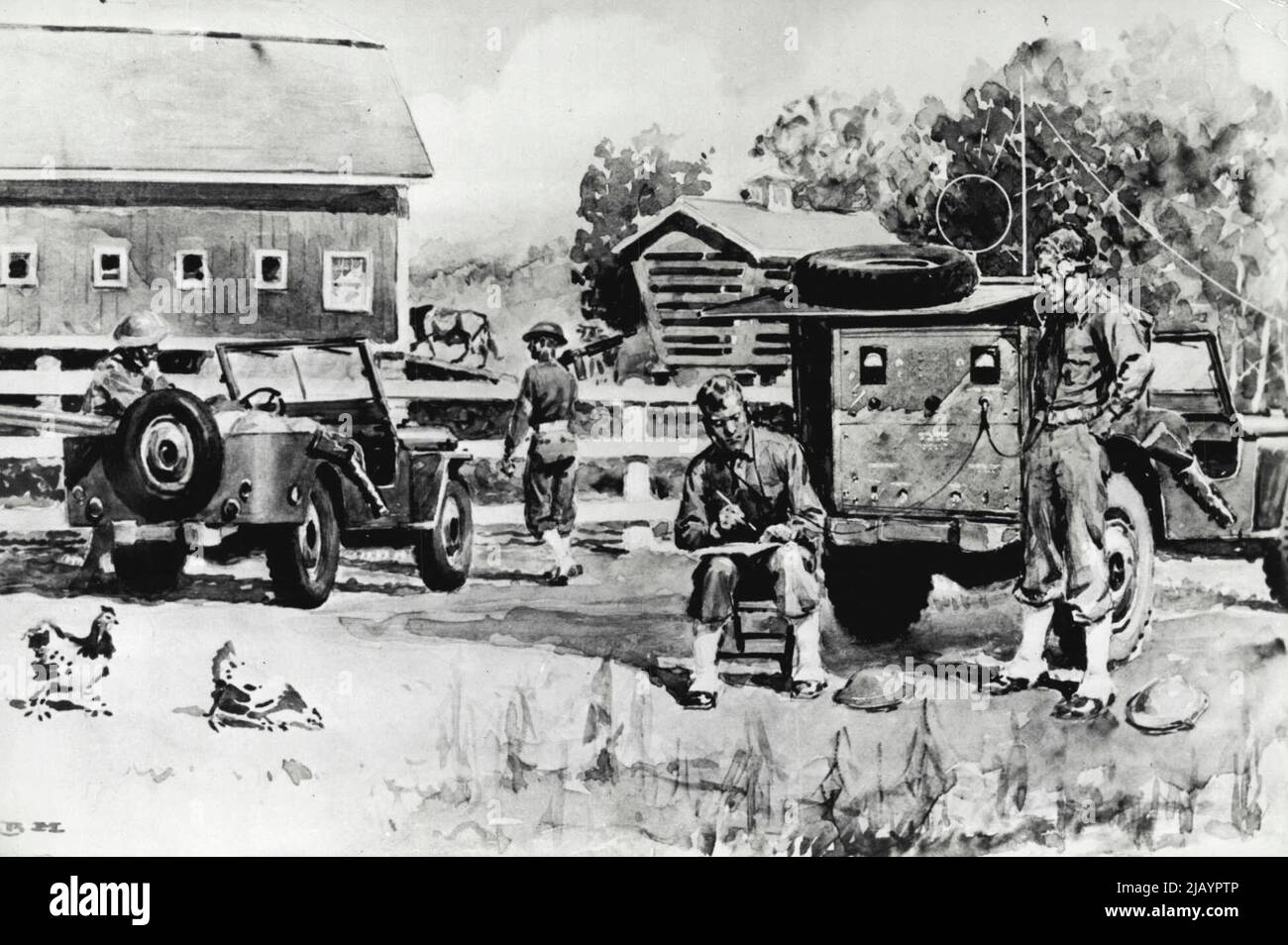 Der Jeep der US-Armee Der Traum eines Militarristen wird wahr – als mobiler Radiosender, der schnell an jeden beliebigen Punkt geschickt werden kann, Kampfbotschaften übermittelt und Berichte an die Basis zurücksendet. 02. November 1942. (Foto von Interphoto News Pictures, Inc.). Stockfoto