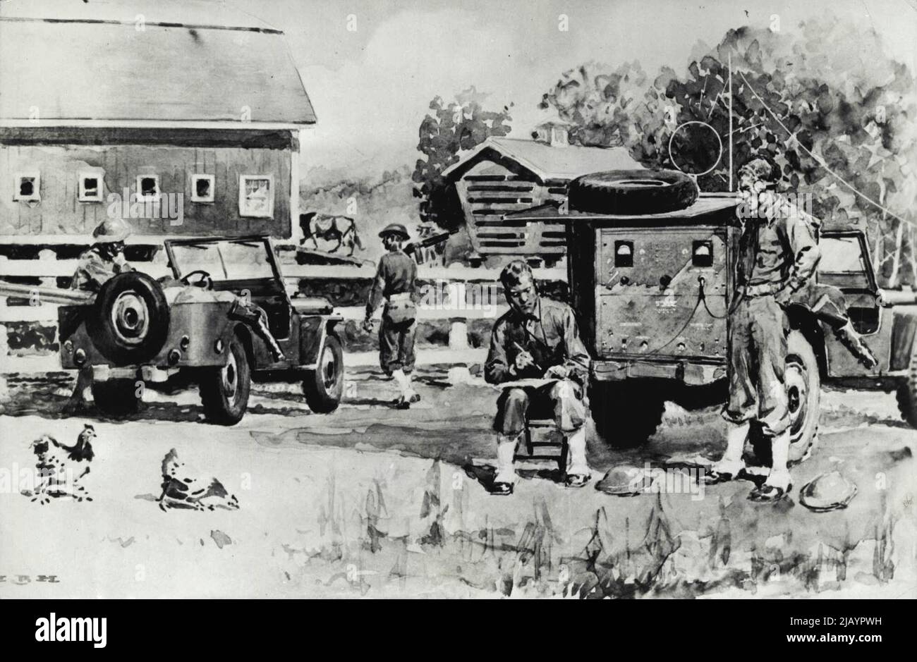 Der Jeep der US-Armee Der Traum eines Militaristen wird wahr - als mobiler Radiosender, der schnell an jeden beliebigen Punkt geschickt werden kann, Kampfmeldungen übermittelt und Berichte an die Basis zurücksendet. 04. Januar 1951. Stockfoto