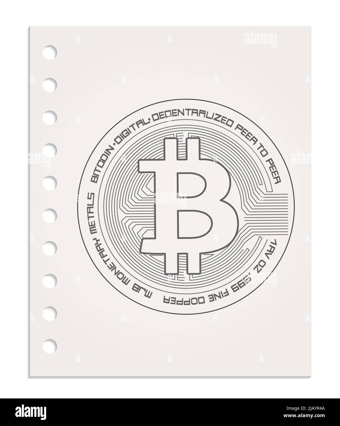 Bitcoin auf einem realistisch sauberen Blatt Papier, vom Block gerissen, leer Stockfoto