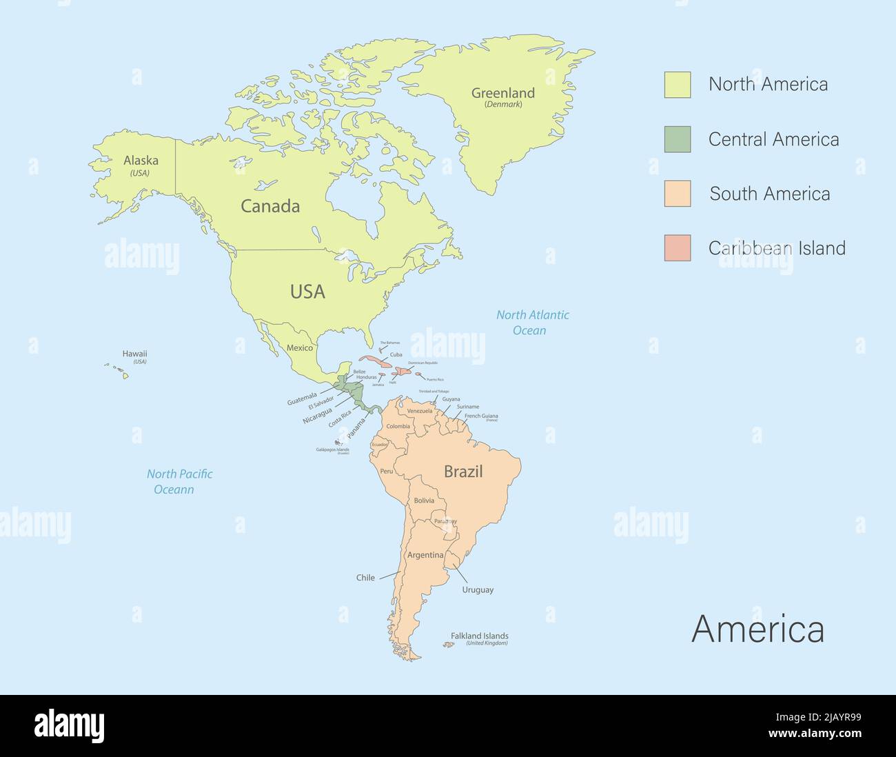 Amerika-Karte, klassische Farbe detaillierte Karte mit Staaten Inseln und Meer mit Namen Vektor Stock Vektor