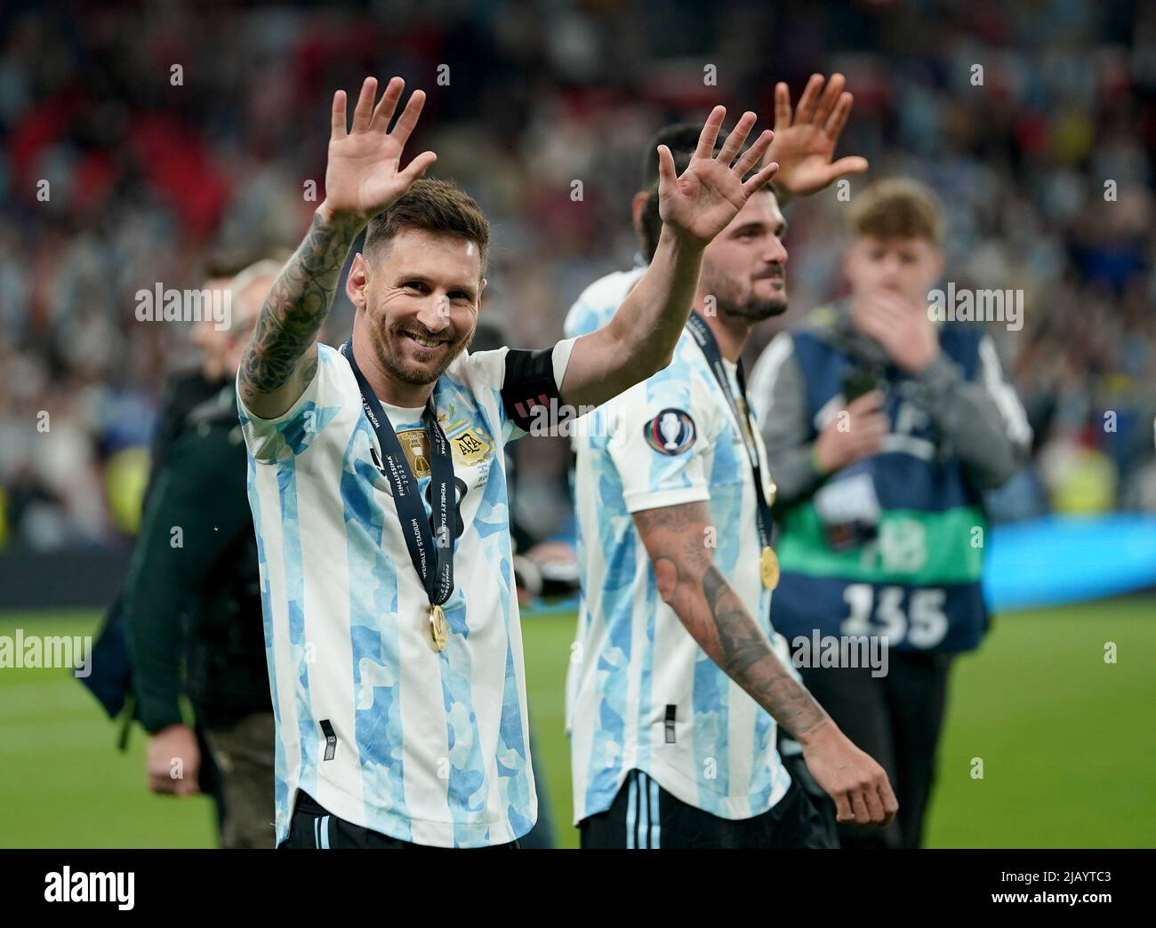 Argentiniens Lionel Messi nach dem Finalissima 2022-Spiel im Wembley-Stadion in London. Bilddatum: Mittwoch, 1. Juni 2022. Stockfoto