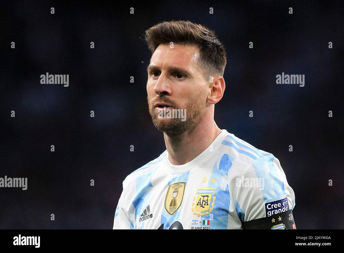 London, Großbritannien. 01.. Juni 2022. Lionel Messi aus Argentinien schaut auf.Finalissima 2022 Spiel, Italien gegen Argentinien im Wembley Stadion in London am Mittwoch, 1.. Juni 2022. Nur zur redaktionellen Verwendung. PIC by Steffan Bowen/Andrew Orchard Sports Photography/Alamy Live News Credit: Andrew Orchard Sports Photography/Alamy Live News Stockfoto