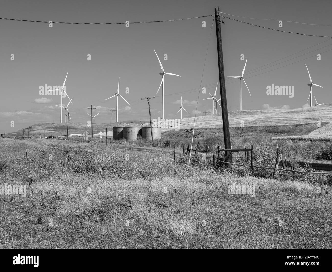 Dies ist das Windkraftwerk Shiloh in Montezuma Hills, Solano County, Kalifornien. Drei landwirtschaftliche Silos teilen sich das Ackerland mit Windturbinen Stockfoto