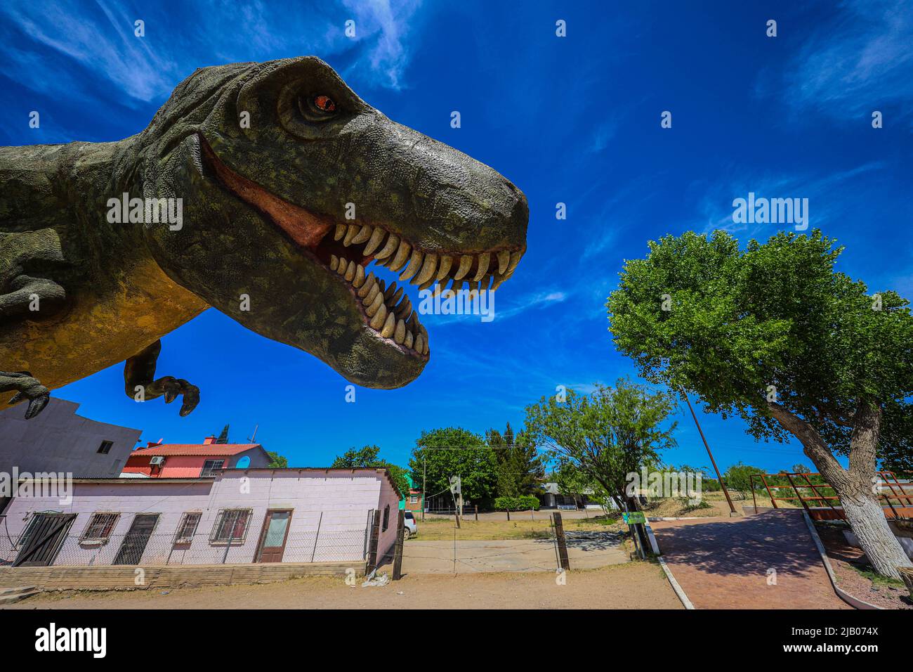 Eine Dinosaurierskulptur des Tyrannosaurus rex in Esqueda, Mexiko