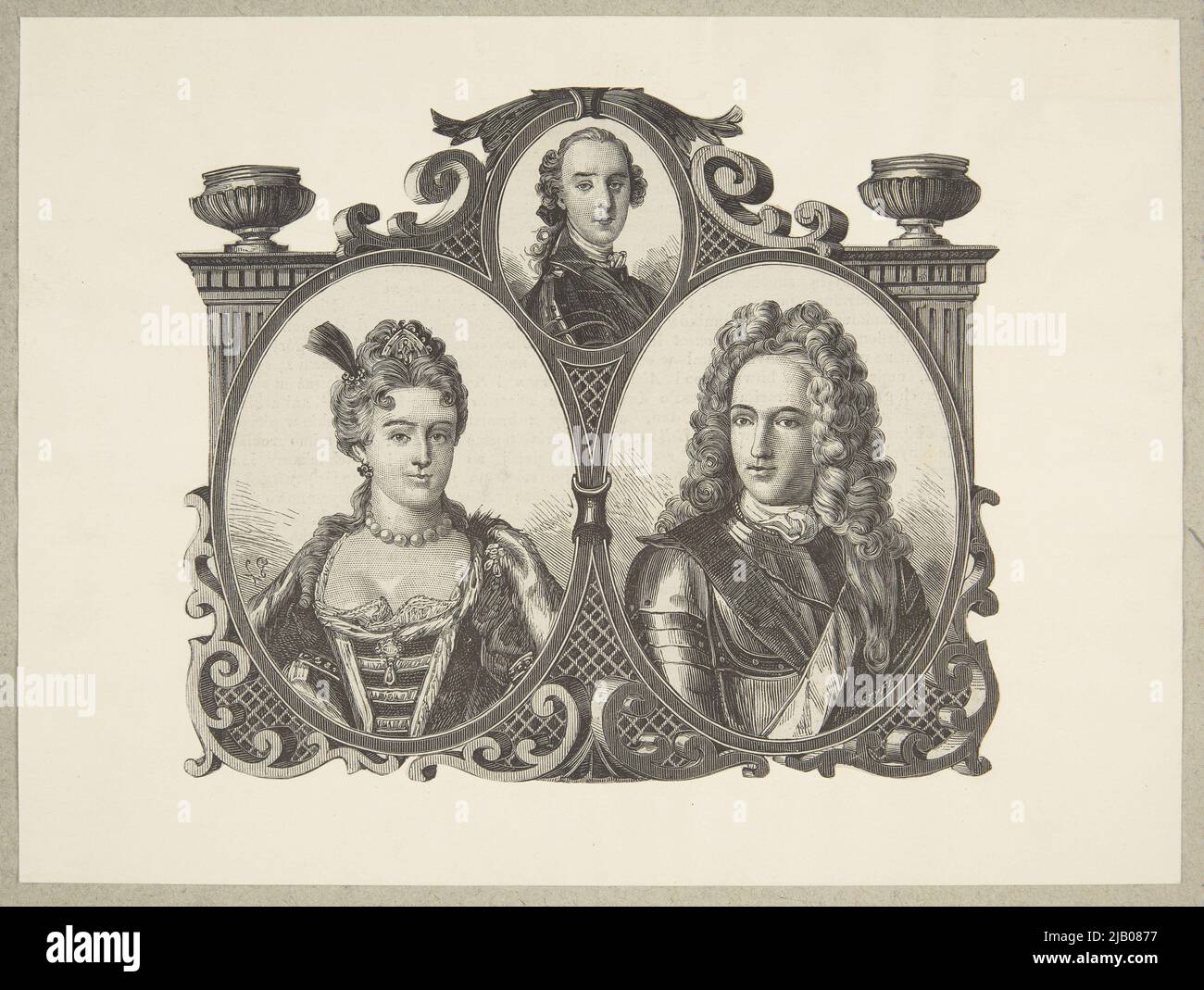 Kollektives (Familien-)Porträt: Jakub III Franciszek Edward Stuart (1688 London 1766 Rom) aus der Stuart-Dynastie Prinz von Cornwall und Wales, eine Übervortragerin auf den Thron von England und Irland; [Ehefrau] Maria Klementyna Sobieska (1701 Oława 1735 Rom) der Enkelin des Janina-Wappens von Jan III Sobiski; [Son] Karol Edward Stuart (1720 Rome 1788 Rome) Präsident auf dem Thron von England und Schottland Styfi, Jan (1841 1921), Pillati, Ksawery (1843 1902) Stockfoto