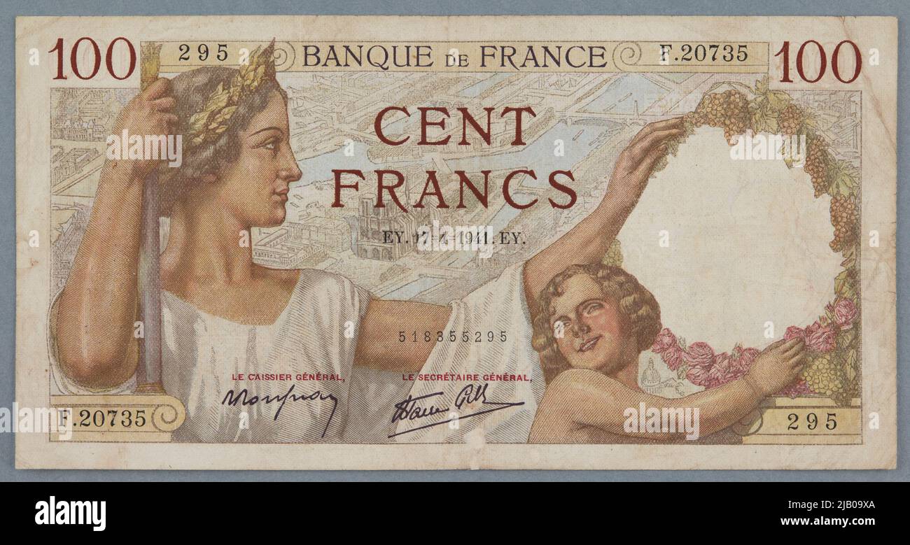 Banknote für 100 Franken, Banque de France, Frankreich, 17. April 1941. Jonas, Lucien Hector (1880 1947), Deloche, Emile Stockfoto