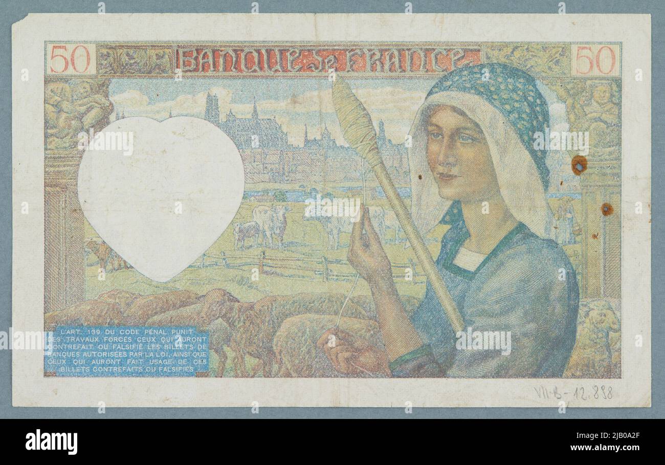 Banknote auf 50 Franken, Banque de France, Frankreich, 13. Juni 1940 Beltrand, Camille (1877 1951), Jonas, Lucien Hector (1880 1947) Stockfoto