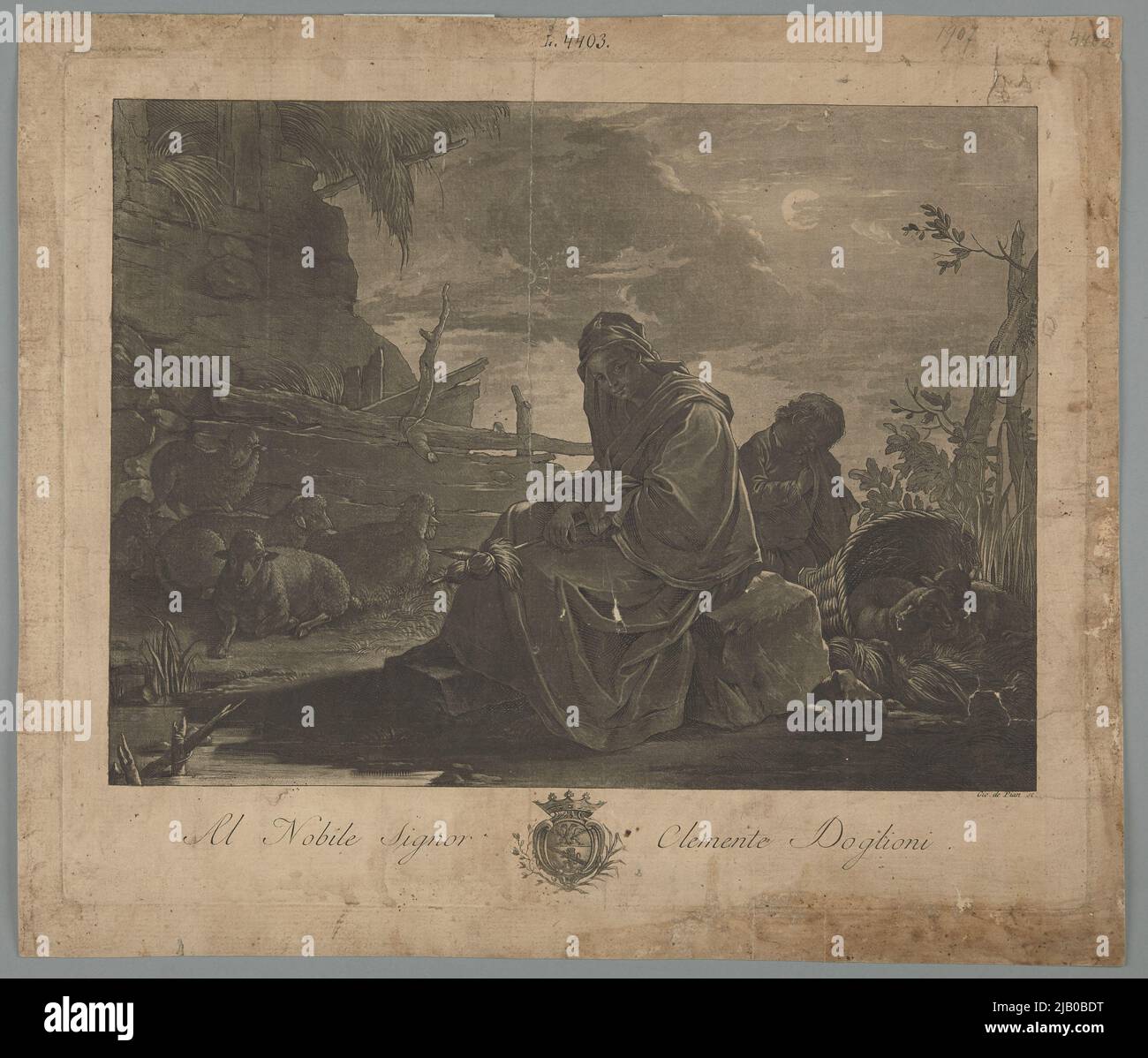 Allgemeine Szene Schäferhunde bei einer Schafherde in der Abenddämmerung (gewidmet Clemente Doglioni; inspiriert von der Malerei Francesco Londonio (1723 1783) Londonio, Francesco (1723 1783), Pian, Giovanni Maria de (1764 1800) Stockfoto