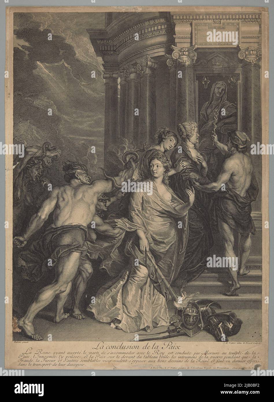 La Conclace de la Paix/ Abschluss des Friedens in Angers allegorische Szene mit mythologischen Figuren und Königin Maria Medici. (Nach Peter Paul Rubens) Picart, Bernard (1673 1733), Nattier, Jean Marc (1685 1766), Rubens, Peter Paul (1577 1640) Stockfoto