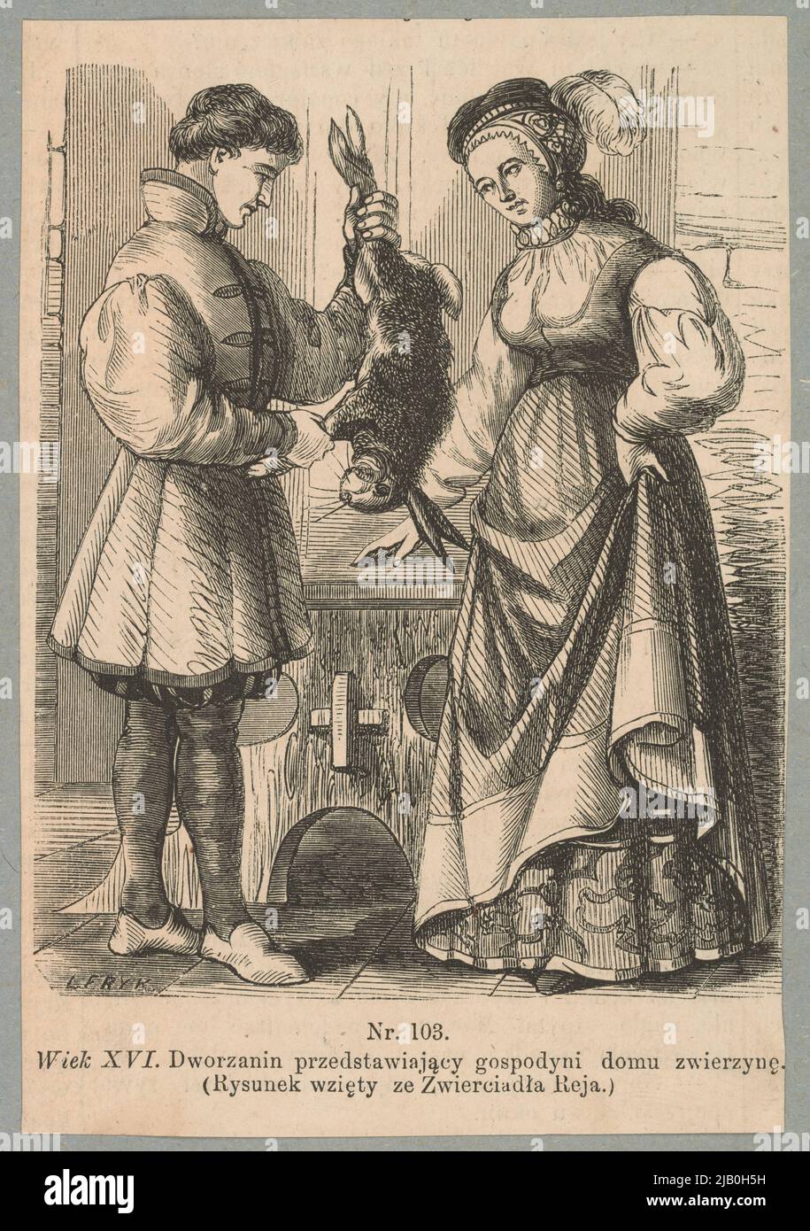 Das 16.. Jahrhundert. Ein Höfling, der die Gastgeberin der Haustiere darstellt. (Zeichnung aus dem Spiegel Reja), aus: Tygodnik Ilustowany, 2.04.1864, Nr. 236 Fryk, Ludwik (N.N.), Kossak, Juliusz (1824 1899) Stockfoto