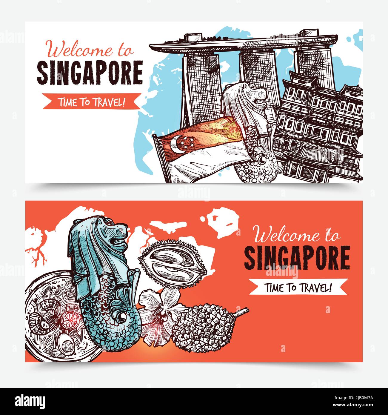 Singapur handgezeichnete Skizzenbanner mit Vektor-Illustration für den Yachthafen des Hotels, Sand in der Bucht von merlion und Orchideenbilder Stock Vektor