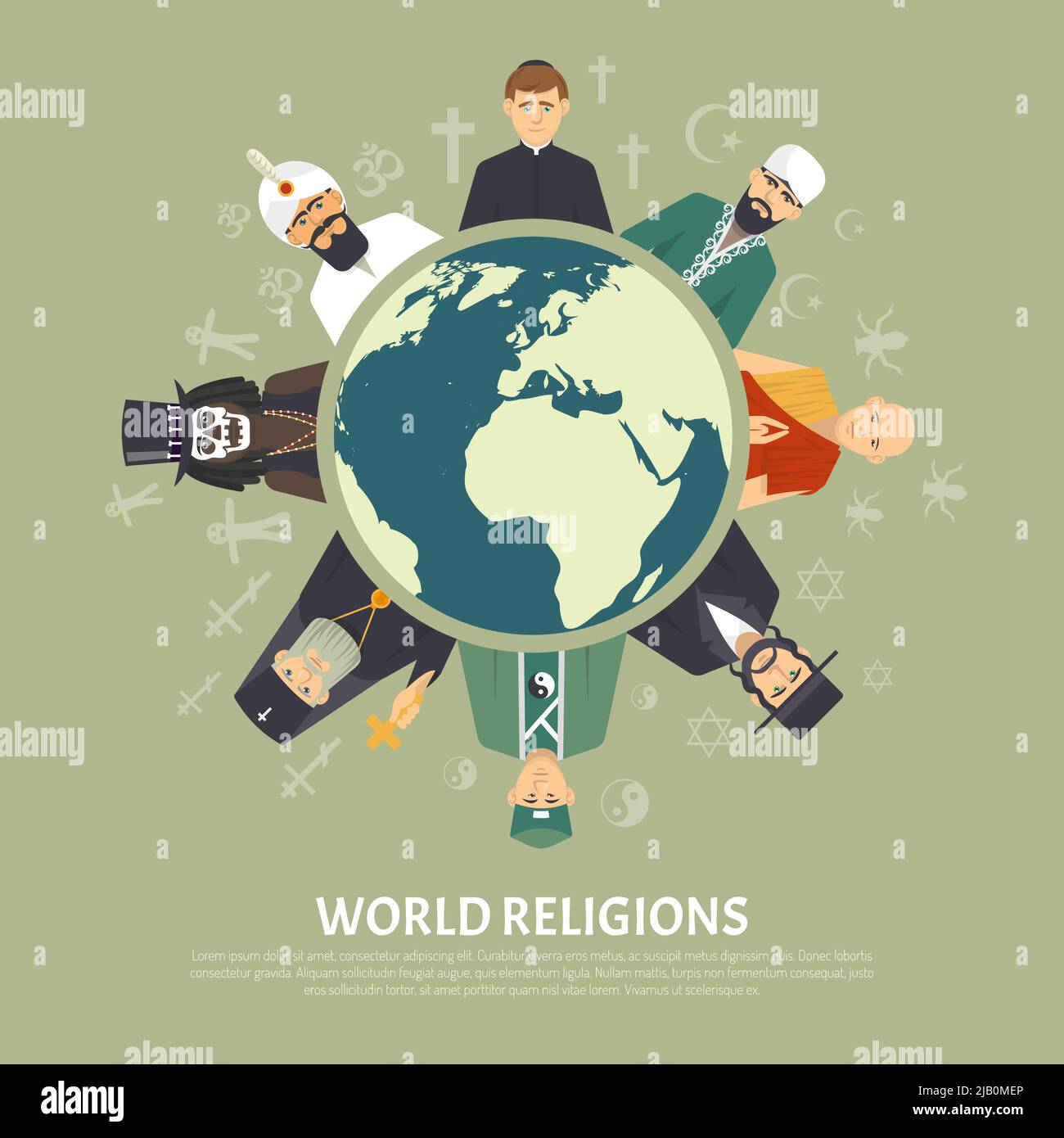 Farbe flache Abbildung, die unterschiedliche Weltreligion Bekenntnis mit Titel Vektor Illustration darstellt Stock Vektor