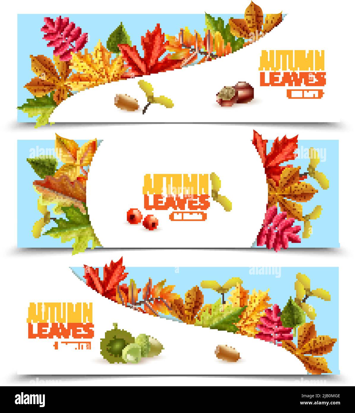 Horizontale flache Banner mit Herbstblättern Kastanien Beeren und Eicheln isoliert auf weißem Hintergrund Vektor-Illustration Stock Vektor