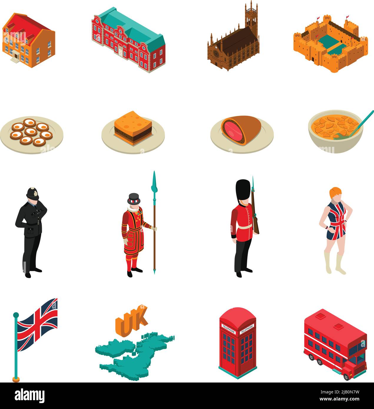 Bunte Großbritannien isometrische touristische Set mit britischen nationalen Küche Architektur Zeichen und Symbole isoliert auf weißem Hintergrund Vektor i Stock Vektor