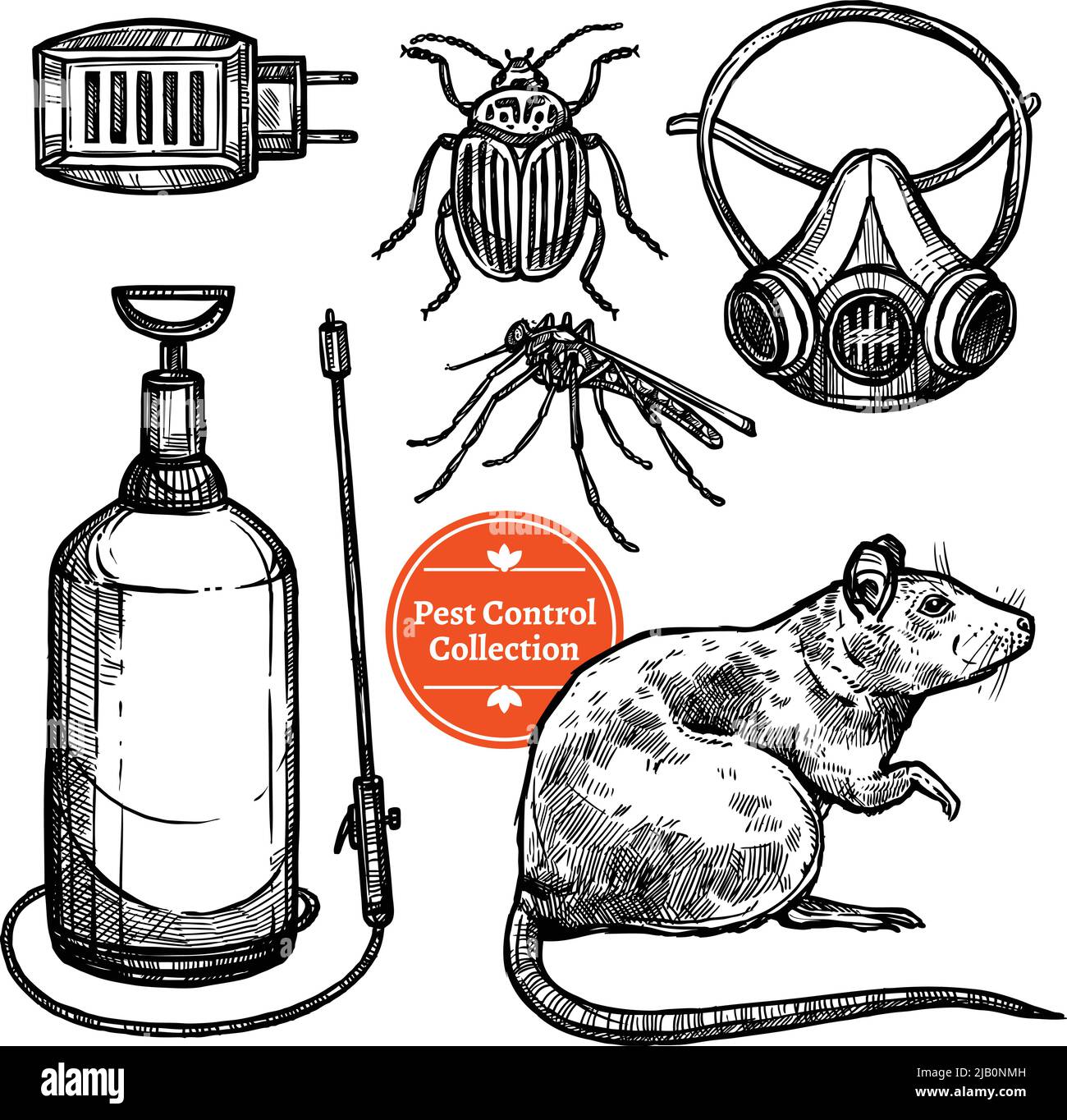 Handgezeichnetes Monocrome Sketch Schädlingsbekämpfung Set mit Insekten Nagetier und Repellent isoliert auf weißem Hintergrund Vektor-Illustration Stock Vektor