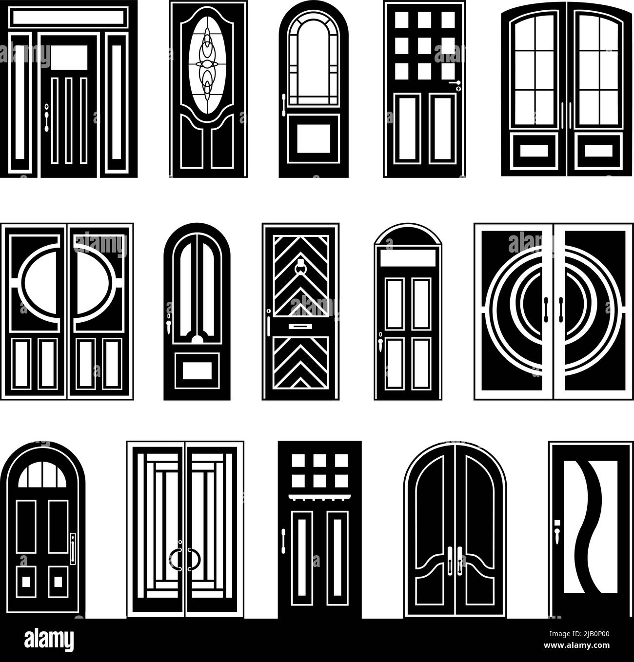 Design-Kollektion von schwarzen Silhouetten Vorder- und Innentüren auf weißem Hintergrund für den Einzelhandel und Online-Shopping isoliert Vektor-Illustration Stock Vektor