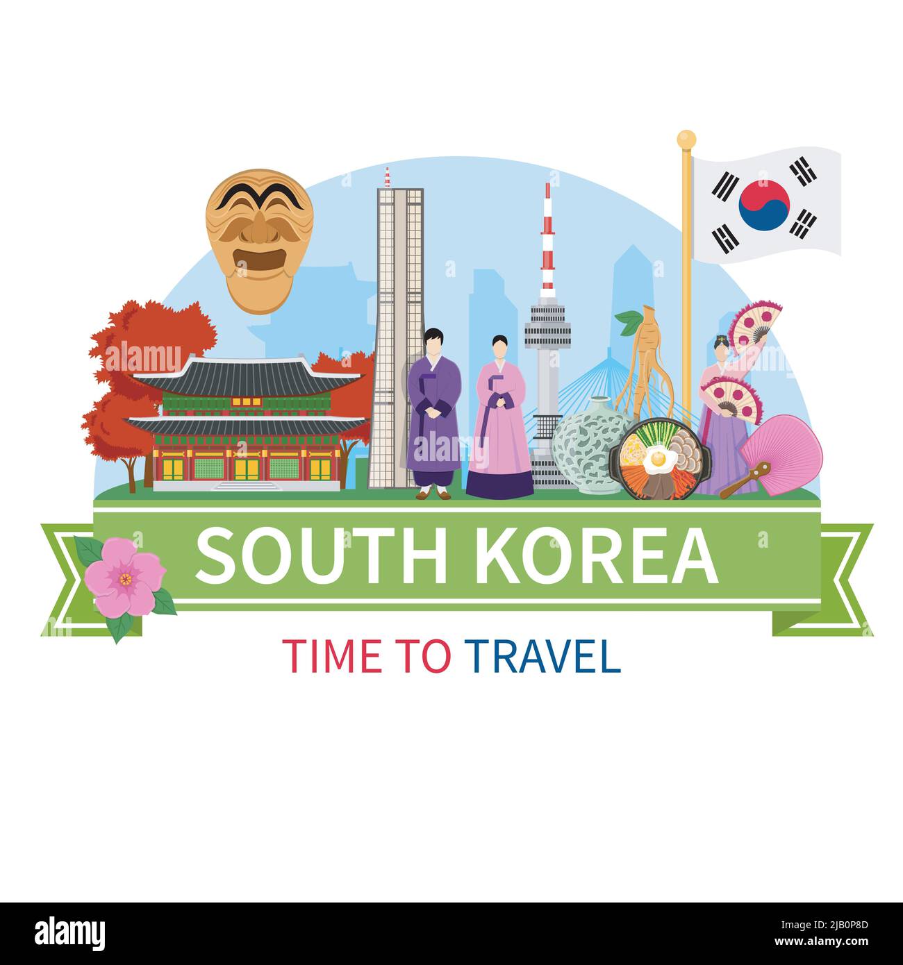 Südkorea nationale kulturelle Symbole Sehenswürdigkeiten Sehenswürdigkeiten Sehenswürdigkeiten von Interesse für Touristen flache Zusammensetzung Werbung Poster Vektor Illustration Stock Vektor
