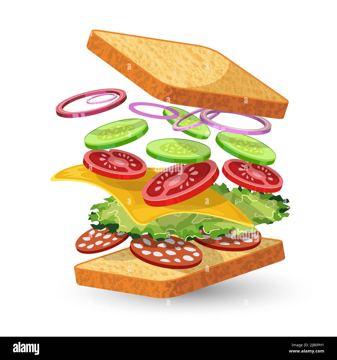 Salami Sandwich Zutaten Essen Emblem mit Brot Zwiebel Gurken Tomaten Käse Salat Salami isoliert Vektor-illustration Stock Vektor