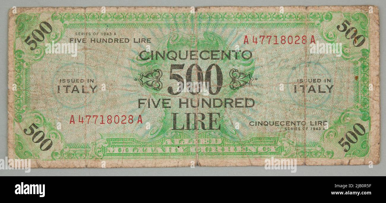 Banknote mit 500 Lire, Allied Military Currency, Italien, 1943 Stockfoto