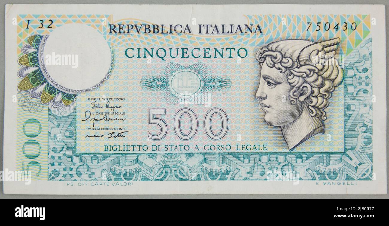 Banknote für 500 Lire; Italien, 2.04.1979 Value Cards Workshop Stockfoto