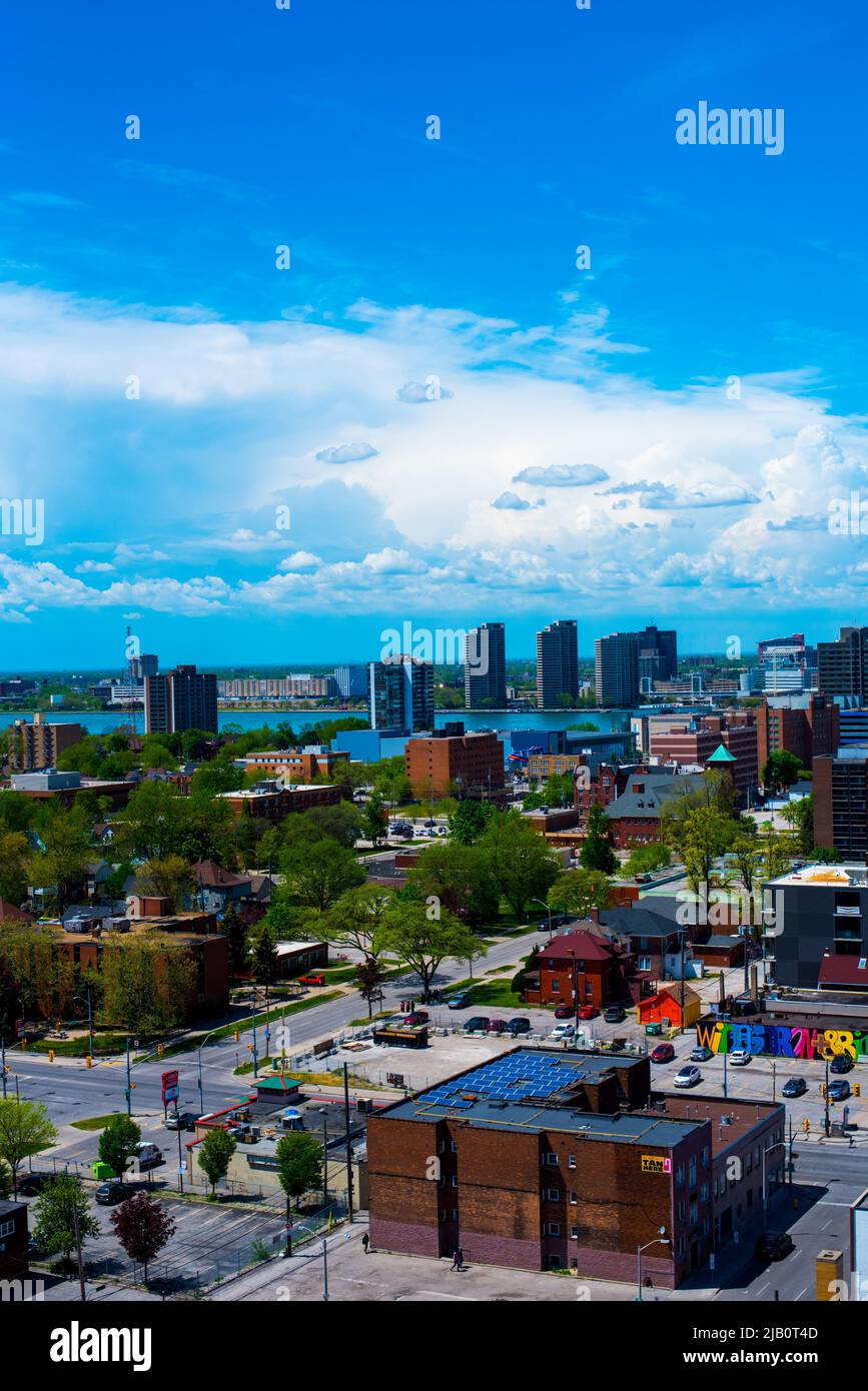 Panoramafild der Westseite von Windsor Ontario mit Blick auf Detroit Michigan Stockfoto