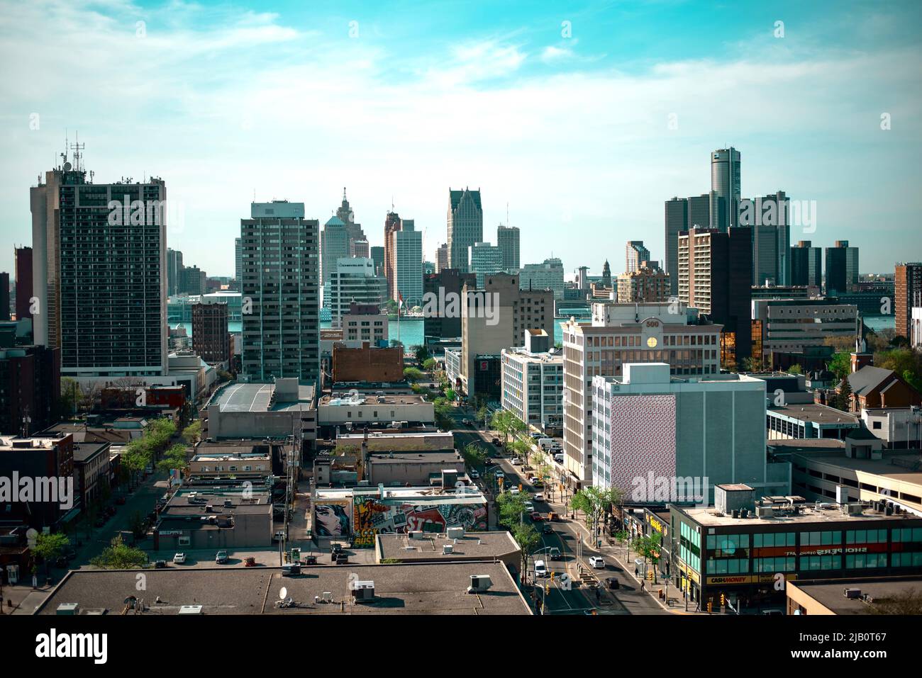 Panoramafild der Westseite von Windsor Ontario mit Blick auf Detroit Michigan Stockfoto
