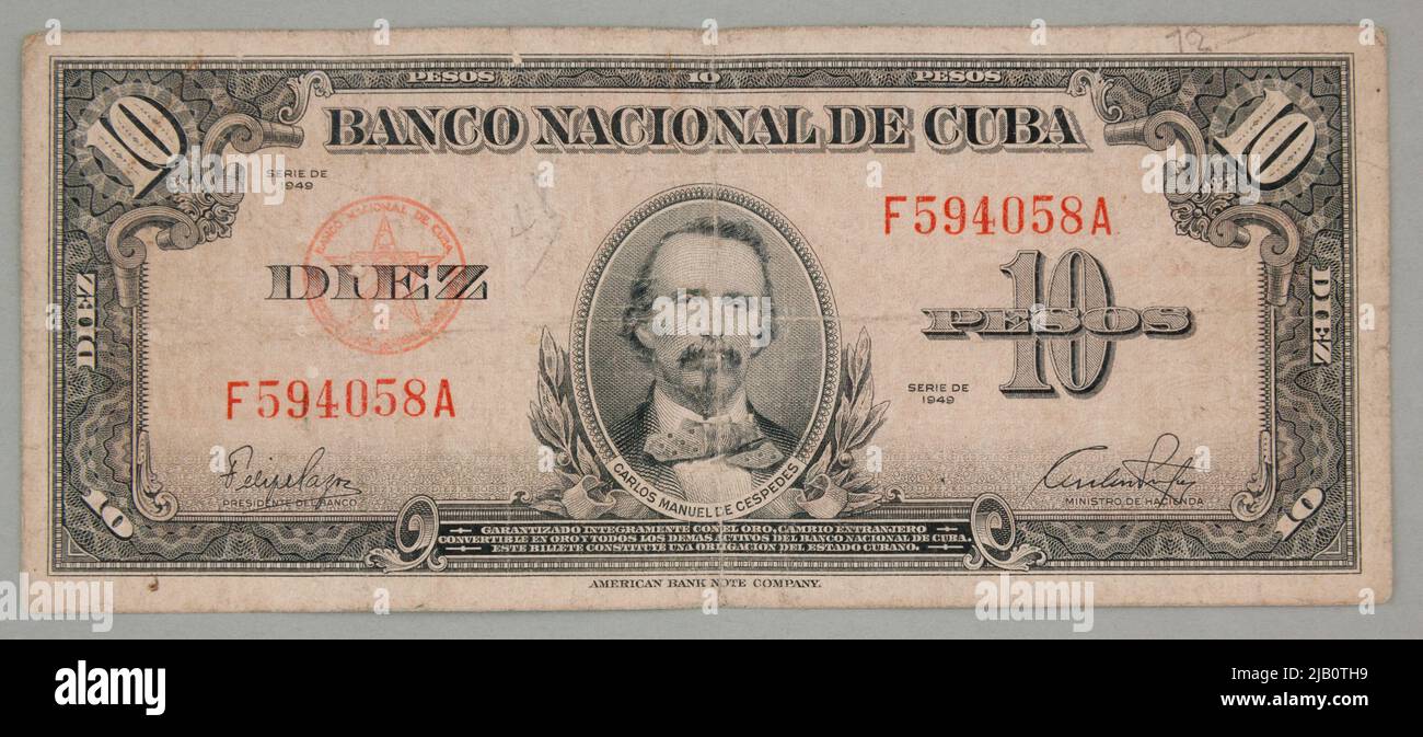 Banknot Na 10 Pesos; Kuba 1949 r. Mennica American Bank Note Company Stockfoto