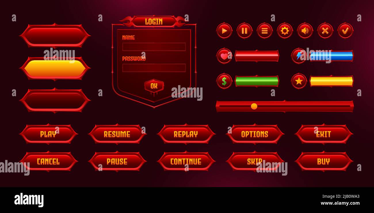 Satz von Rahmen, Balken und Menüschaltflächen für die Benutzeroberfläche des Spiels, UI- oder gui-Designelemente. Leere Ränder, Banner, rot leuchtende Tasten. Gamer-Einstellungen, Login und Passwort-Board, Optionen Vektor-Info-Grafiken Stock Vektor