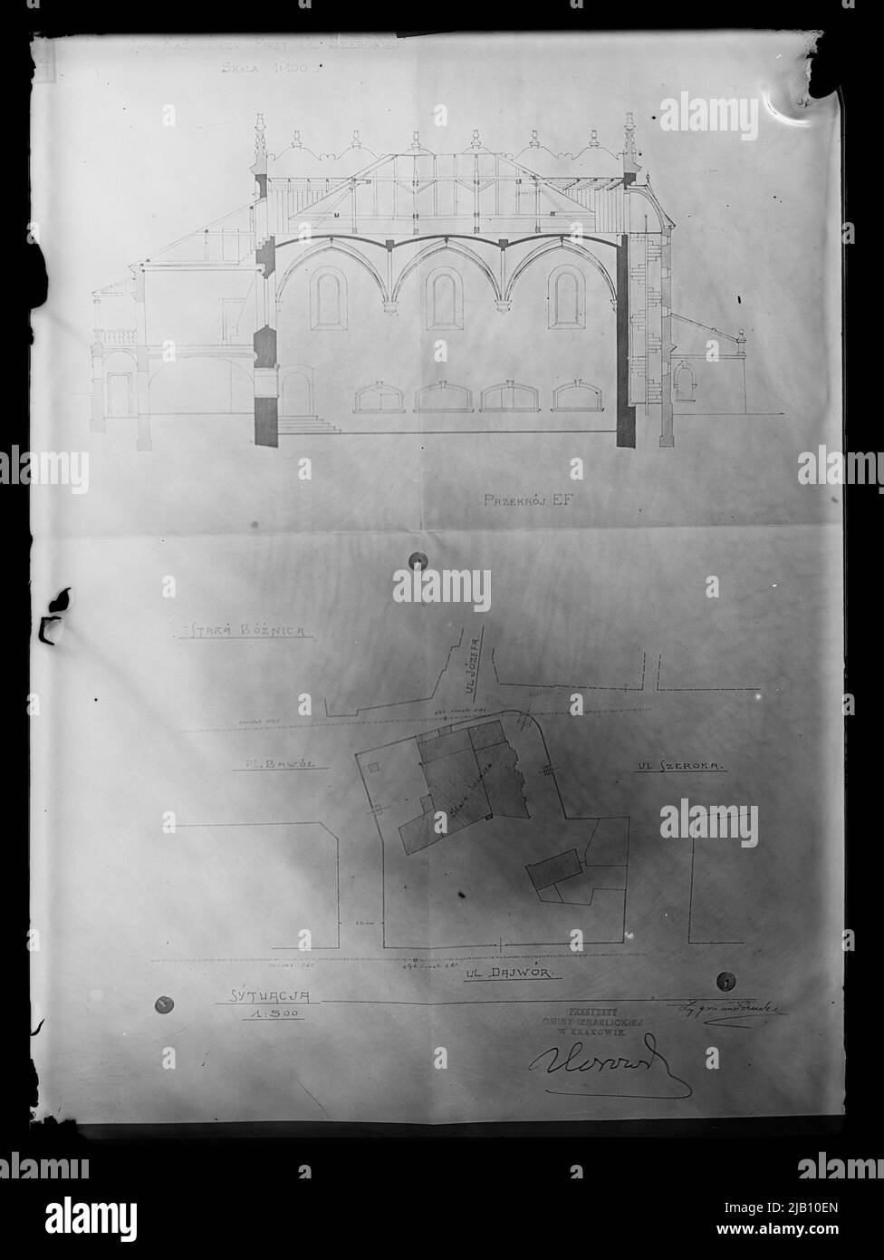 Kraków, Kazimierz, Alt-Potnica in der ul. Breite, architektonische Zeichnungen (Querschnitt und Sitiationsplan) unbekannt Stockfoto