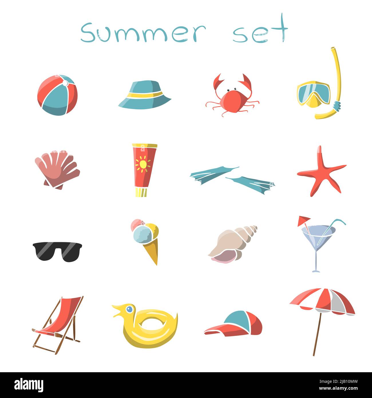 Sommer Urlaub Reise-Ikonen-Set Schnorchel Maske Krabbe Panama und Sonnenschirm isoliert Vektor-illustration Stock Vektor