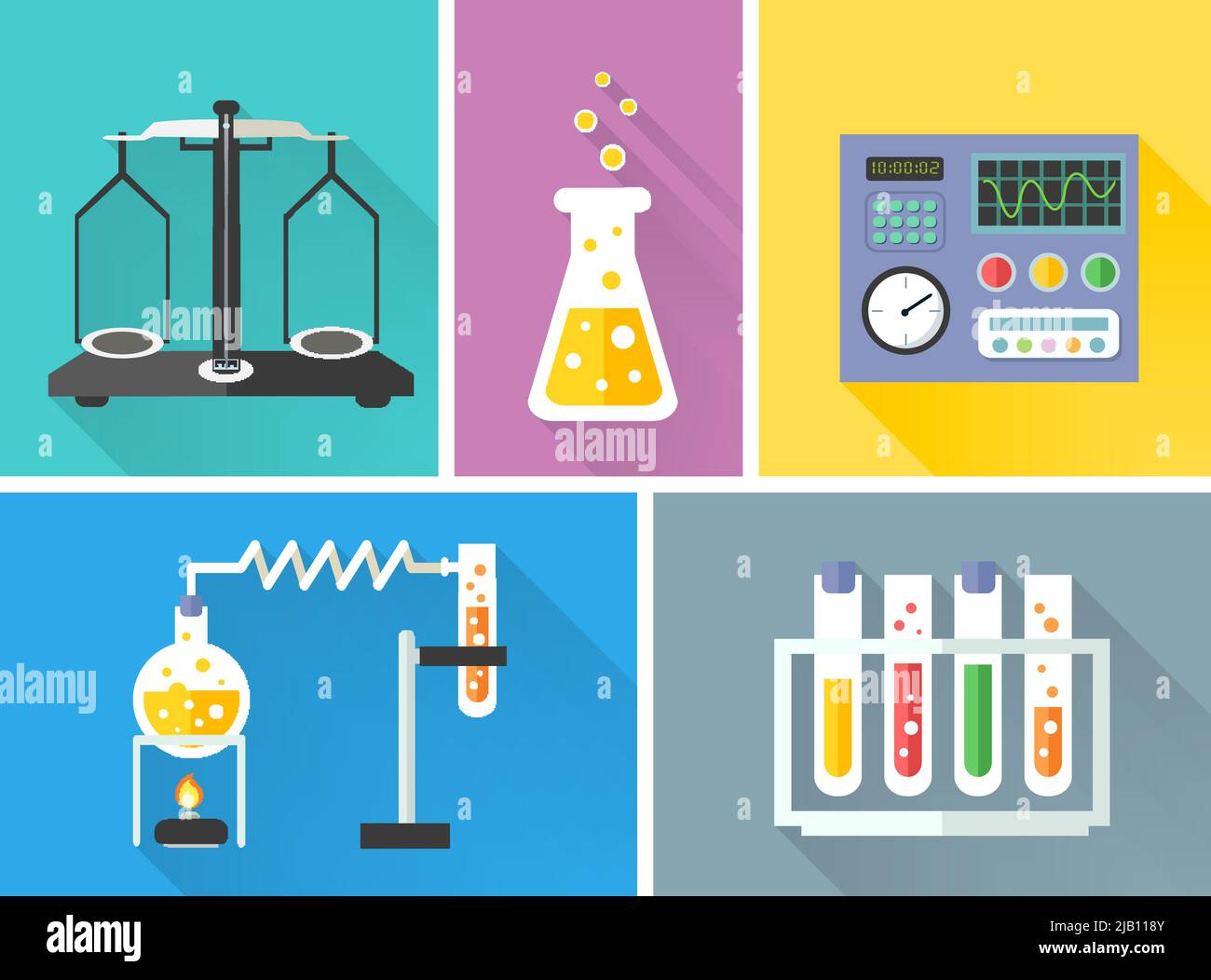 Wissenschaft-Laborgeräte, die dekorative Symbole mit Kolben gesetzt skaliert Brenner isoliert-Vektor-illustration Stock Vektor