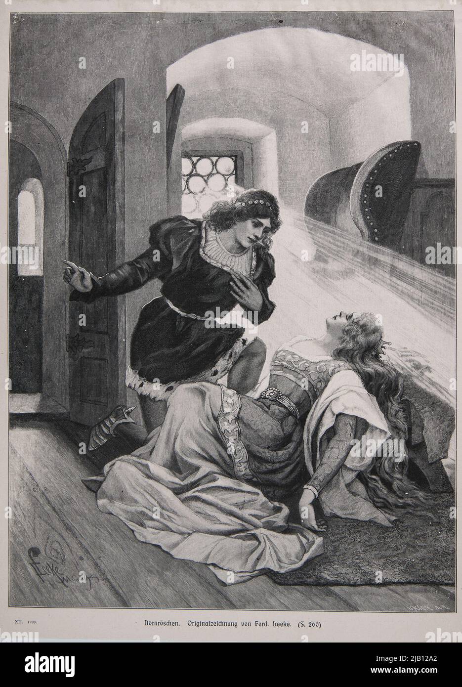 Schlafende Prinzessin nach der Zeichnung von Ferdinand Leeke. Ein Clip aus einer unbekannten deutschen Zeitschrift, Leeke, Ferdinand (1859 1923) Stockfoto