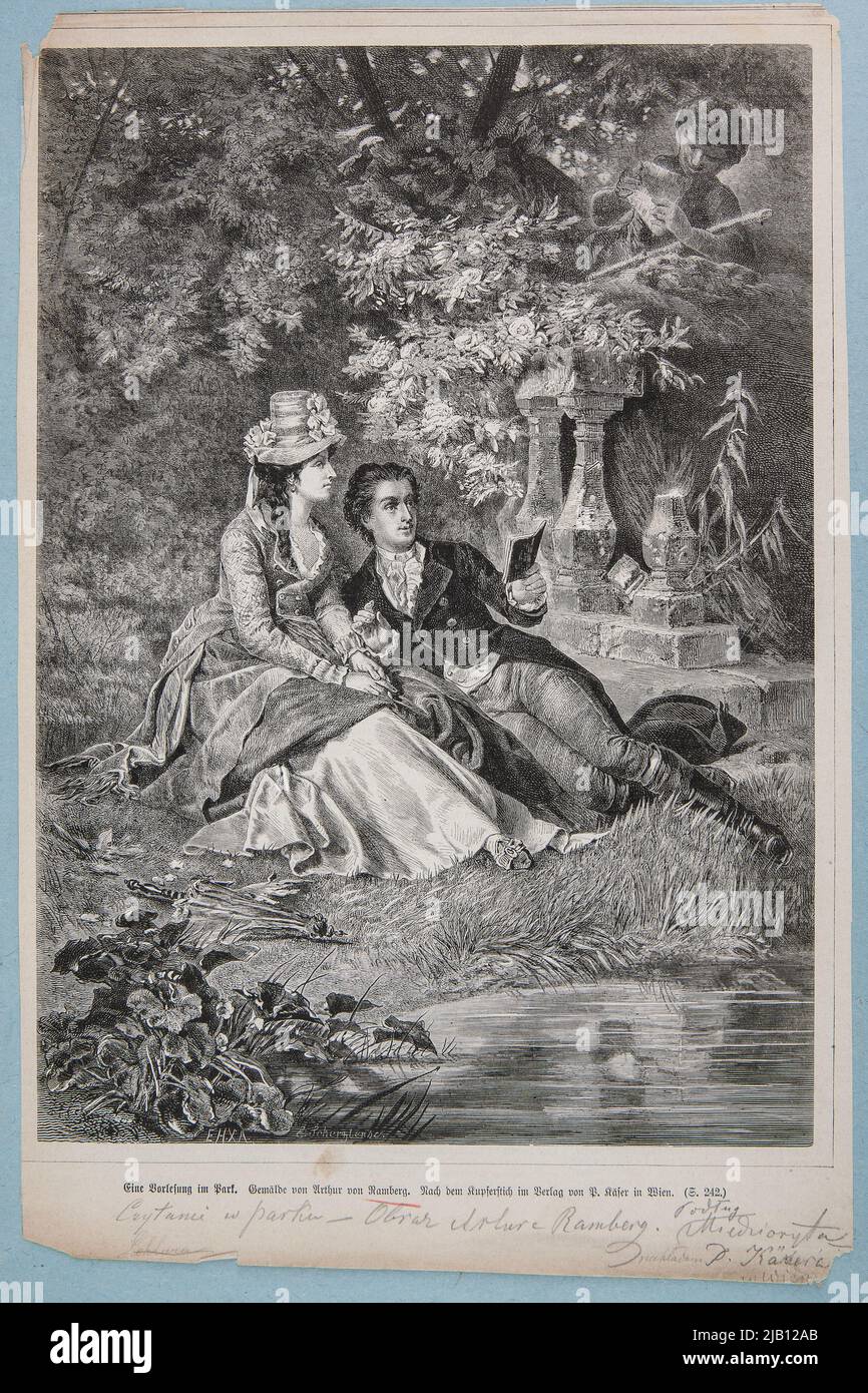 Lesung im Park nach dem Bild von Artur Ramberg. Ein Clip aus einer deutschen Zeitschrift Monogramista e.h. , Scherzler, E. (N.N.), Ramberg, Arthur Georg von (1819 1875) Stockfoto