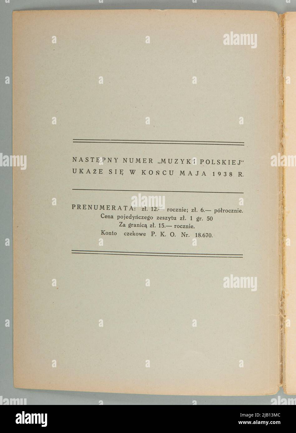 Die Zeitschrift Muzyka Polska (IV monatlich 1938) widmete sich dem Gedenken an Karol Szymanowski mit einer Trauerrede von P. dr. Tadeusz Jachimomowski, die am 06.04.1937 in der Kirche des Hl. Krzyża in Warschau gehalten wurde Stockfoto