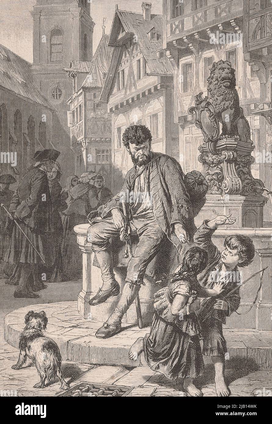 Die Genreszene am Brunnen nach der Zeichnung von Karl Pilota. Ein Clip aus einer deutschen Zeitschrift Hecht, Wilhelm (1843 1920), Piloty, Karl Theodor von (1826 1886) Stockfoto