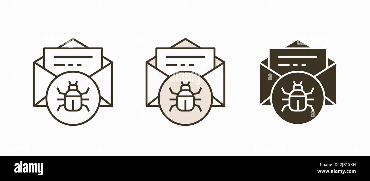 Symbol für Virenbedrohung per E-Mail. Schwarze Vektorgrafik isoliert auf weißem Hintergrund für Grafik- und Webdesign. Stock Vektor