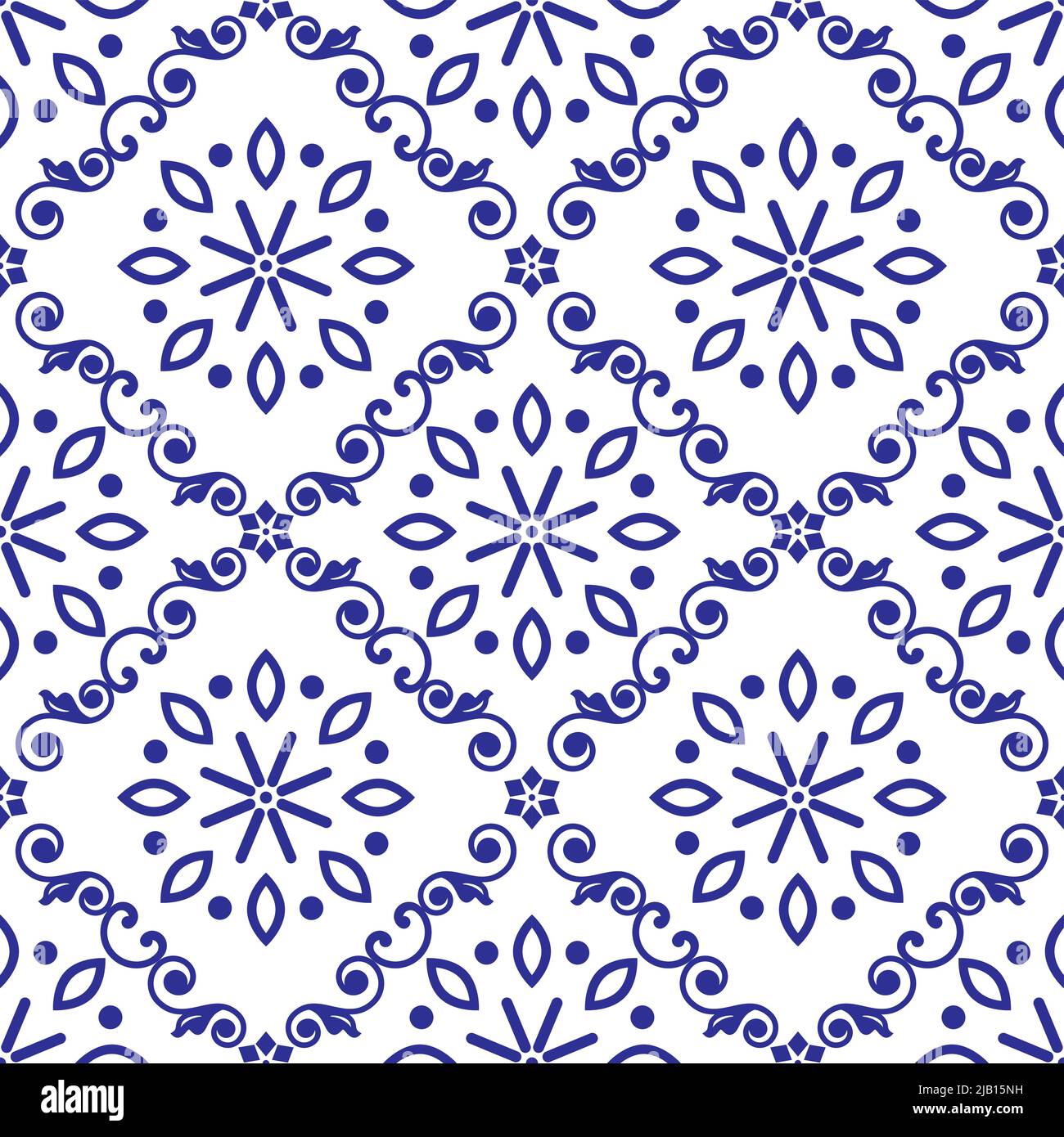 Azulejo Fliesen im Lissabonner Stil nahtlos Vektor in Indigo oder Marineblau mit Blumen und Blättern, repetitives Design inspiriert von Kunst aus Portugal Stock Vektor