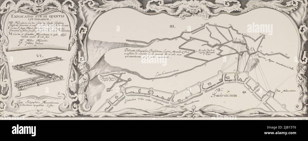 Smolensk eine Karte der Abschaffung der Blockade von Smolensk im Jahr 1634 ein Fragment des Ganzen, bestehend aus 16 Tafeln, reflektiert aus 12 größeren und 4 kleineren Aufzeichnungen Hondius, Willem (ca. 1600 1660) Stockfoto